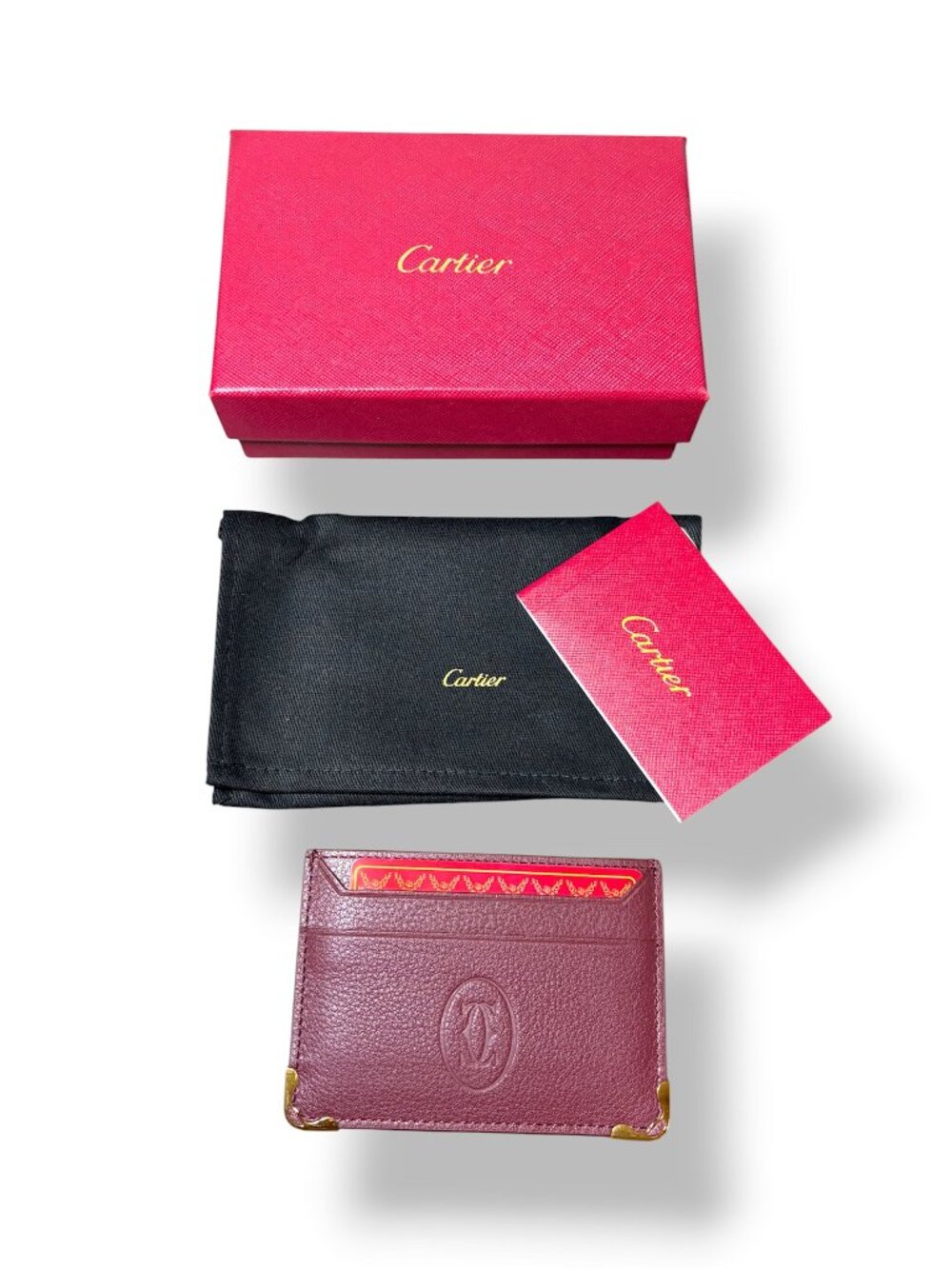 Classic Cartier Burgundy Calfskin Leather Double Sided Card Holder Unisex